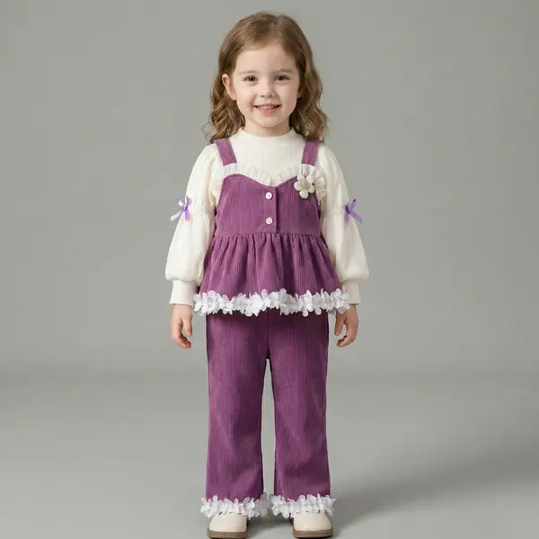 Compleu Fetite 3 Piese din Velvet Raiat Mov - 5-6 ani