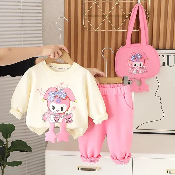 Compleu Fetite Bluza Crem si Pantaloni Roz Poppy - 3-4 ani