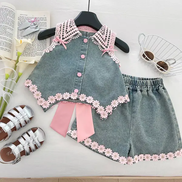 Compleu Fetite din Denim cu Fundita Roz Bia - 7-8 ani