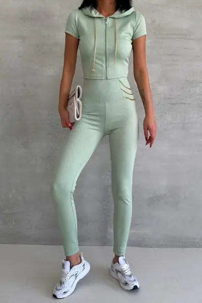 Compleu fitness Timote, bluza cu maneca scurta si colanti cu snururi metalice, Verde deschis