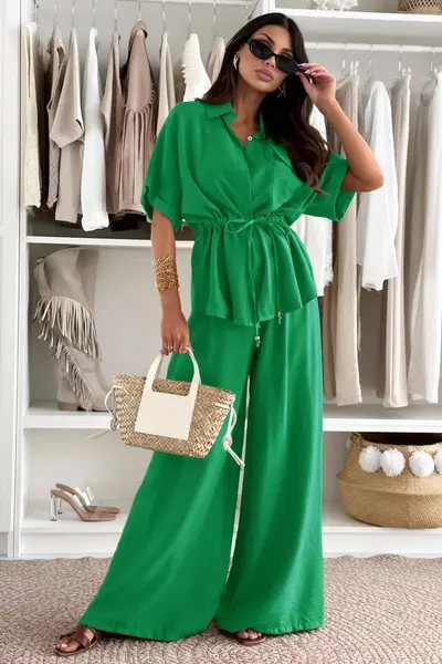 Compleu oversize AZMIRA, camasa kimono si pantaloni palazzo, Verde, Marime S/M/L
