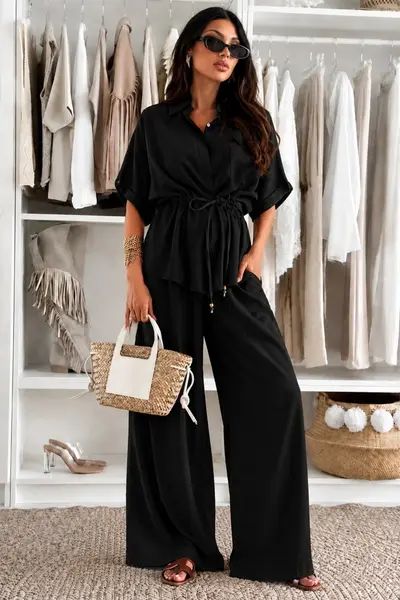 Compleu oversize AZMIRA, camasa vaporoasa si pantaloni lejeri, Negru, Marime S/M/L