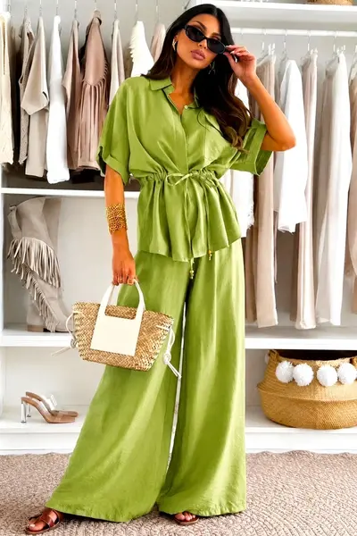 Compleu oversize AZMIRA, camasa vaporoasa si pantaloni lejeri, Verde Fistic, Marime S/M/L