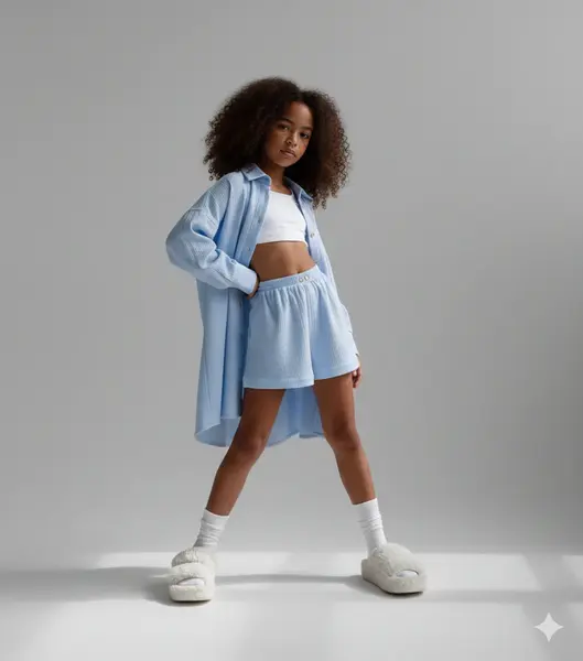 Compleu roz din muselina cu pantaloni scurti si camasa oversize pentru fete - Defne