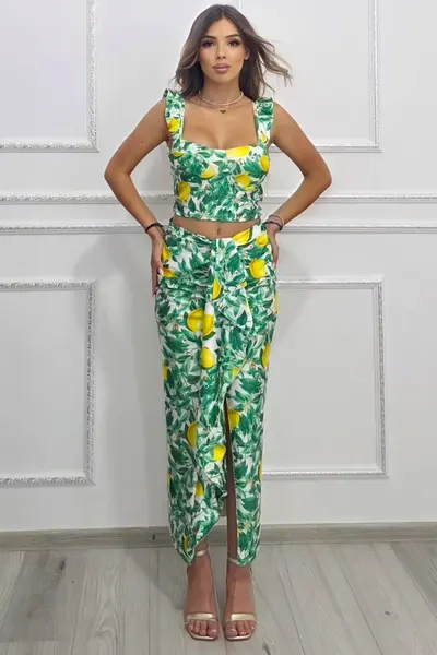 Compleu Summer Party, top cu volane si fusta cu imprimeu lamai, Verde, Marime S/M