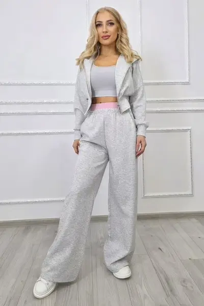Compleu trei piese ELINA, cu bustiera, hanorac si pantaloni lejeri, Gri, Marime S/M