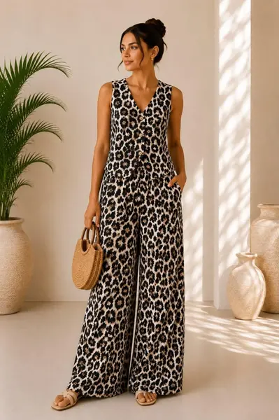 Compleu vaporos Arioso, animal print, pantaloni palazzo si vesta, Bej