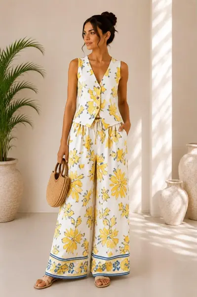 Compleu vaporos Arioso, imprimeu mediteranean, pantaloni palazzo si vesta, Galben
