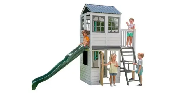 Complex de joaca din lemn cu tobogan, casuta etajata si balcon Woodland View