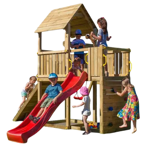 Complex de joaca din lemn Fungoo Carol 3, cu un leagan, turn, zid de escalada si tobogan, pentru 10 copii