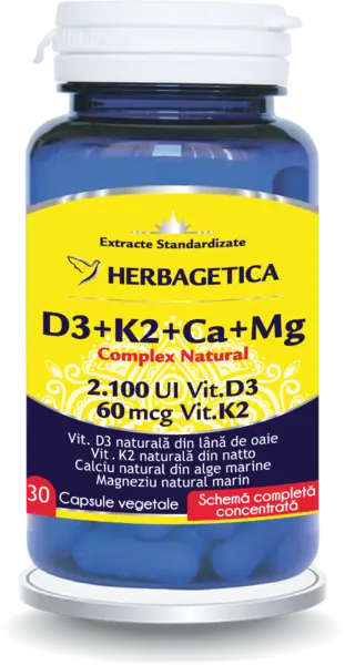 Complex Natural D3+K2+Ca, 30 capsule vegetale, Herbagetica