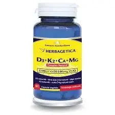 Complex natural vitamina D3 + K2 + Calciu + Magneziu - HERBAGETICA - 60 capsule