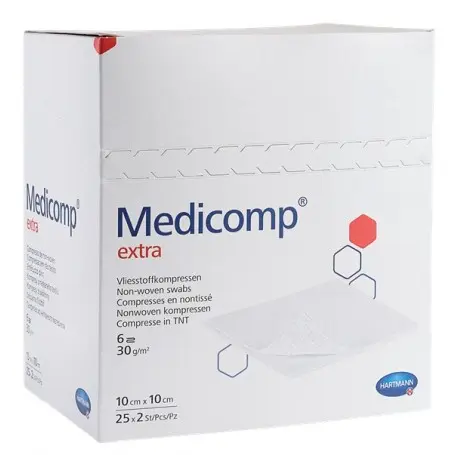 Comprese extra absorbante din material netesut, 7.5x7.5 cm, 25 bucati, Medicomp
