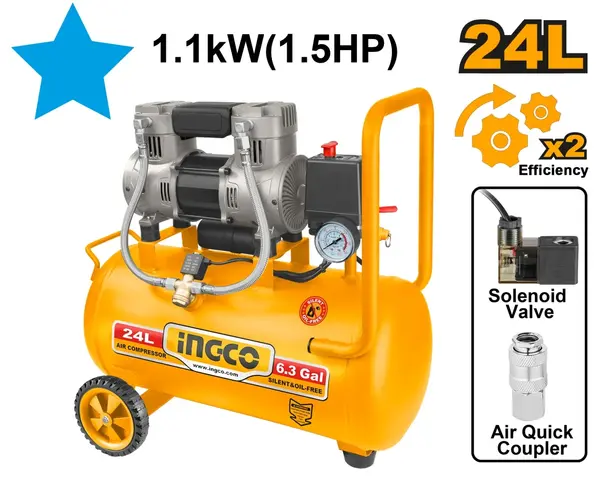 Compresor aer 24L 1.1kW fara ulei INGCO ACS111242, 8 bar, 2850 rpm, 67 dB, motor aluminiu