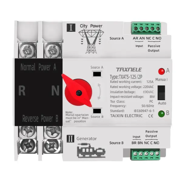 Comutator ATS monofazic pentru retele urbane, 230V, 125A, TAXNELE TXATS-125A-2P