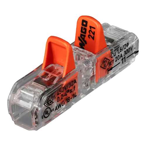 Conector derivație în linie cu pârghie, 2 poli, max. 4 mm², set 60 buc., WAGO 221-2411