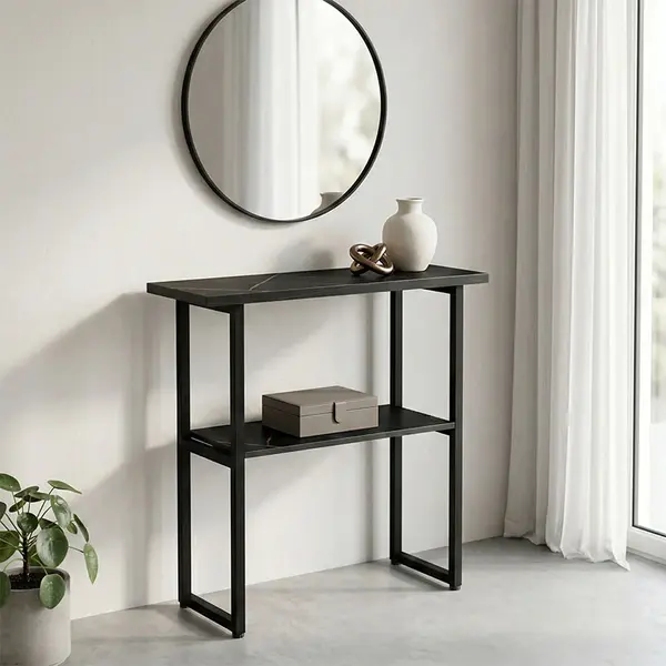 Consolă cu efect de marmură Solain, stil modern, metal, negru, 79x29x85 cm