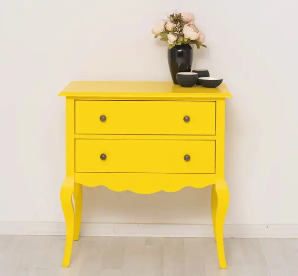Consola cu picioare curbate, 2 sertare cu finisaj Bright Yellow Antic