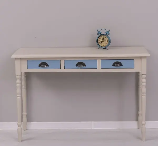 Consola cu picioare strunjite, 3 sertare cu finisaj Light Greige/Sky Blue