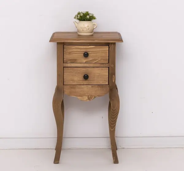 Consola mica, picioare curbate, 2 sertare cu finisaj Walnut Waxed
