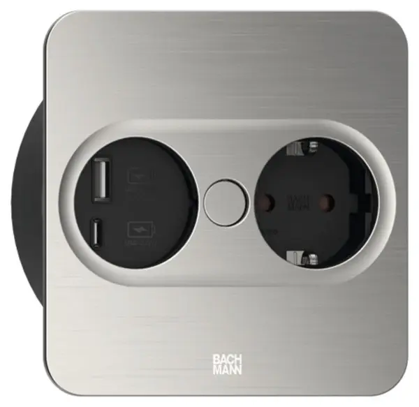 Contact pentru încorporare Bachmann - TWIST, 1x Schuko, USB-A+C, 2 m, pătrat, inox
