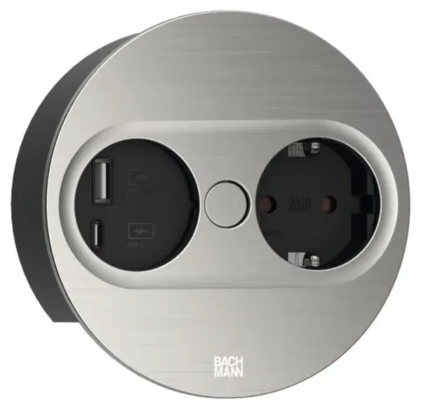 Contact pentru încorporare Bachmann - TWIST 2, 1x Schuko, USB A+C, 2 m, rotund, inox
