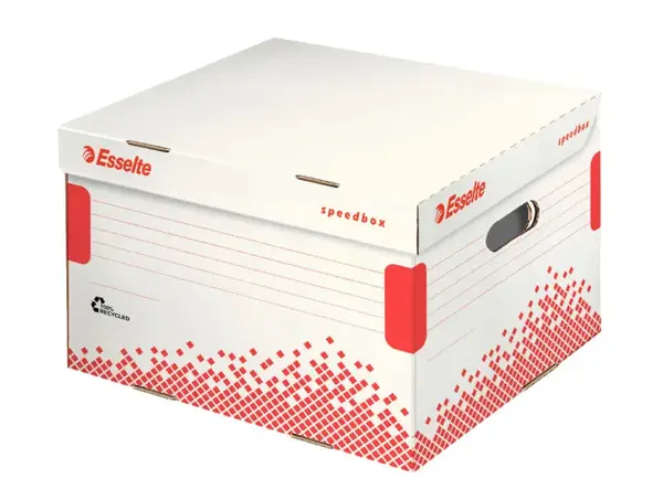 Container arhivare si transport cu capac carton reciclat si reciclabil cu capac alb Esselte Speedbox Container arhivare si transport cu capac carton reciclat si reciclabil cu capac alb Esselte Speedbox