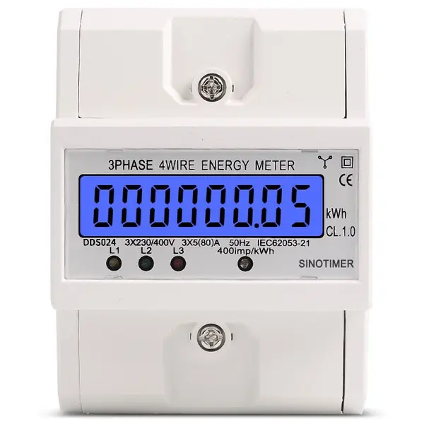 Contor de energie trifazic Sinotimer DDS024, 3P+N, 3 230/400V, 5(80)A, afisaj LCD, montaj sina DIN, Clasa 1.0