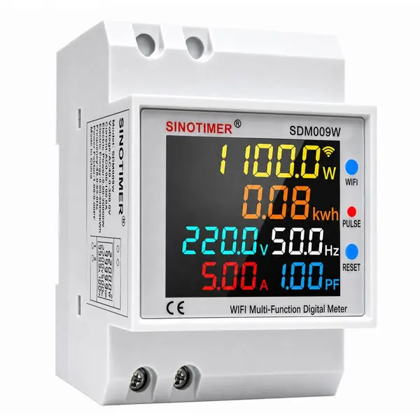 Contor inteligent WiFi Sinotimer SDM009W, 100A, monitorizare consum energie, afisaj LCD color, Tuya Smart, montaj sina DIN