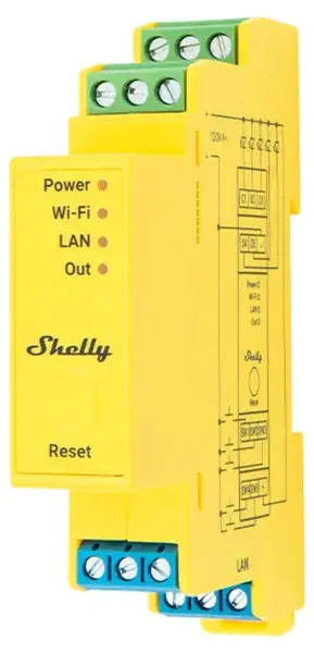 Controler smart Shelly - Pro RGBWW PM, șină DIN, Wi-Fi, galben