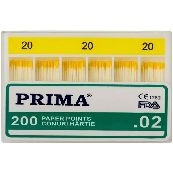 Conuri din Hartie Absorbanta .02 Taper, Nr.20, pentru Uscarea Canalelor Radiculare, Prima, 200 Bucati