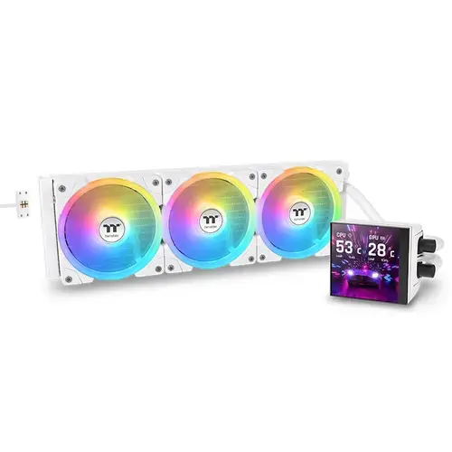 Cooler CPU AIO Thermaltake MAGFloe 360 Ultra Snow ARGB Sync, Racire cu lichid, Ecran LCD 3.95inch, 3x 120mm PWM (Alb)