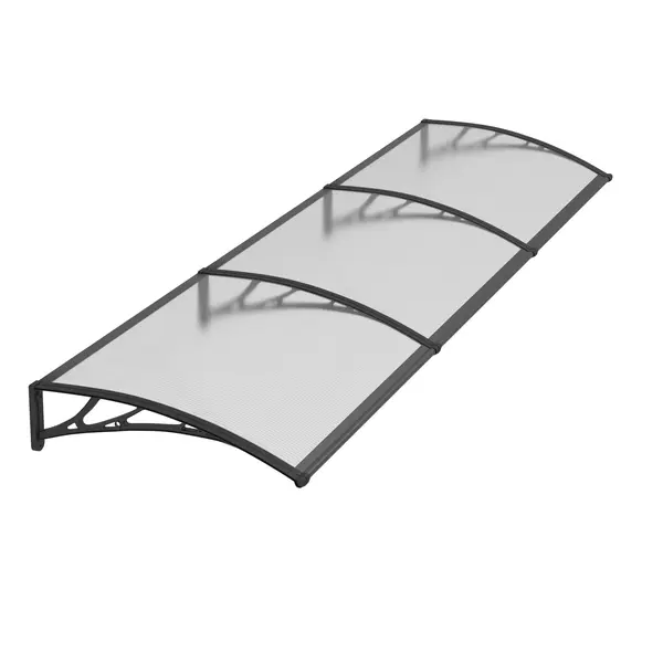Copertină PREMIUM de ușă 360x100cm / marchiză / adăpost / acoperiș - brațe negre - placă 6mm întreagă transparenta - Negru/Transparent