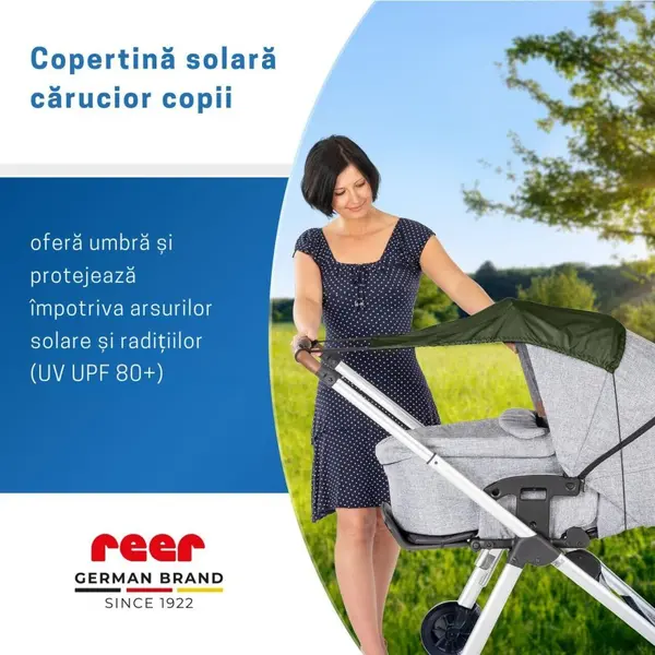 Copertina solara pentru carucior, protectie UV UPF 80+, parasolar universal reglabil, protectie vant si ploaie usoara, prindere elastica universala, montare rapida,Reer ShineSafe verde