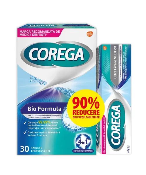 Corega Ultra Fixare Neutro Crema adeziva 40 g + Corega Tabs Bio Formula Tablete curatare proteza 30 bucati 1+1 90% din al II-lea