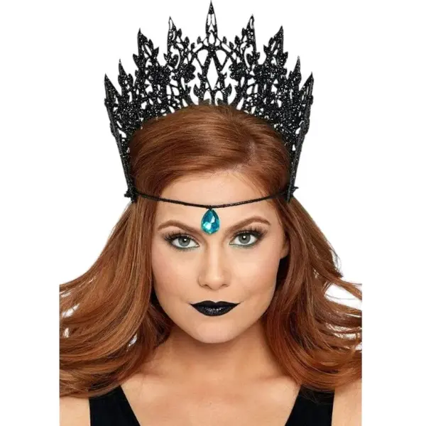 Coroană LEG AVENUE Crown with Glitter and Jewel, design cu sclipici și nestemată albastră, culoare negru