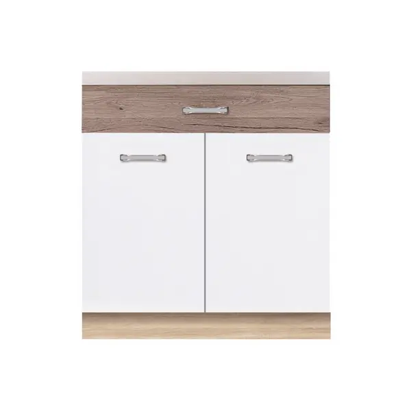 Corp inferior + front 80 ECO-6D, cu sertar si 2 usi, corp stejar sonoma, fronturi alb lucios + stejar sanremo, 80x51x82 cm