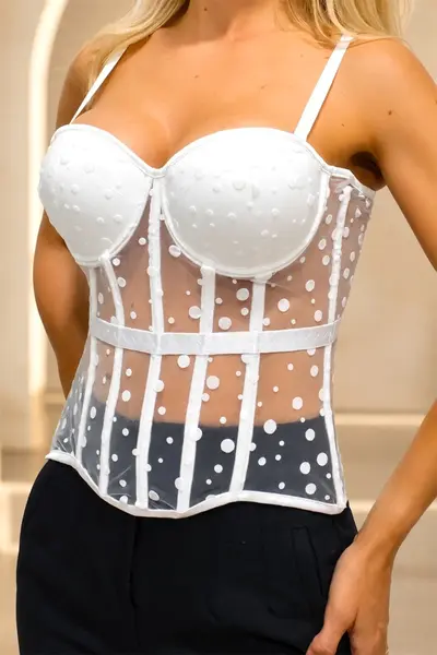 Corset elegant MANOVA, cu insertii tull si inchidere metalica, ALB