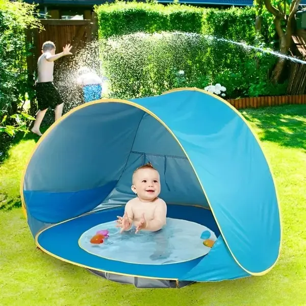 Cort de plaja cu piscina pentru bebelusi, protectie UV - albastru