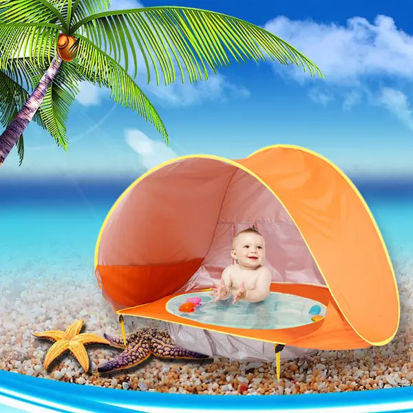 Cort de plaja cu piscina pentru bebelusi, protectie UV - portocaliu