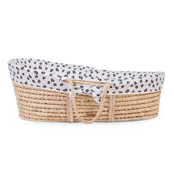 Cos bebe Childhome Moise Leopard din coji de porumb cu saltea husa jerse detasabila si lavabila, usor de transportat, dimensiuni 84 x 47 x 29 cm