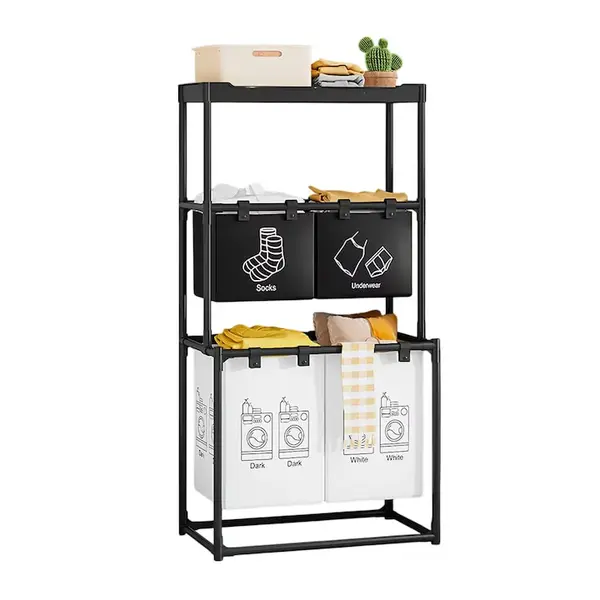 Cos de rufe, 3 niveluri, 4 sectiuni, metal, negru