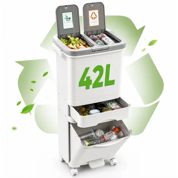 Cos Gunoi Dublu Pedala Timebox, 42L, Separare Uscata Umeda, Alb - Default Title