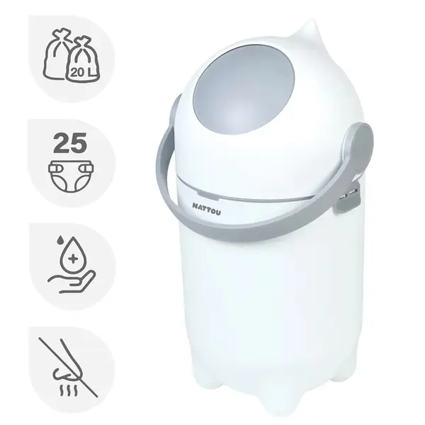 Cos pentru scutece, Nattou, Dropy, Sistem etans impotriva mirosurilor, Compatibil cu saci universali, Operare cu o mana, Potrivit pentru cca 25 scutece, 27 × 27 × 48.5 cm, 20 l, Alb