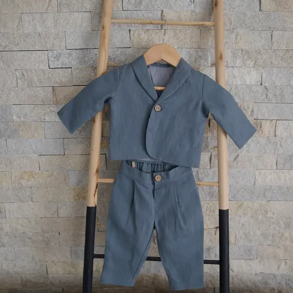 Costum Botez Baieti Albastru Din In - 74