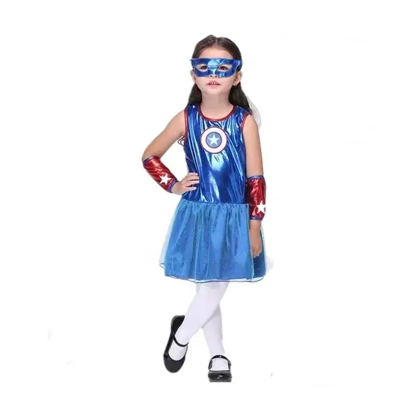 Costum Captain America fete, Albastru, 5-7 ani, 110-120 cm
