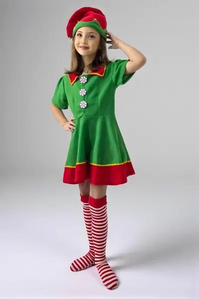 Costum Crăciun fetiță Elf Candy – set 3 piese: rochiță, ciorapi, căciulă