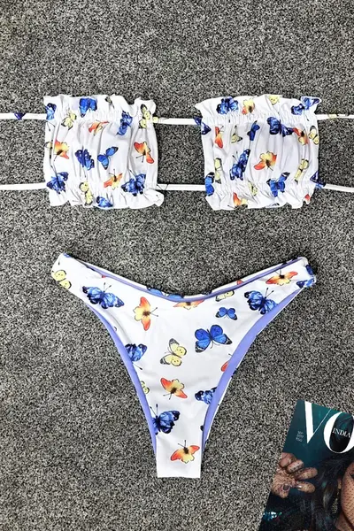 Costum de baie doua piese Butterflies Blue cu slip in doua nuante