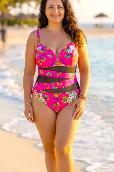 Costum de baie intreg Estelle, cu tull si imprimeu fluturi, Fucsia Floryfly