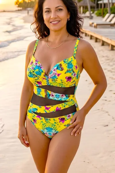 Costum de baie intreg Estelle, cu tull si imprimeu fluturi, Galben Floryfly
